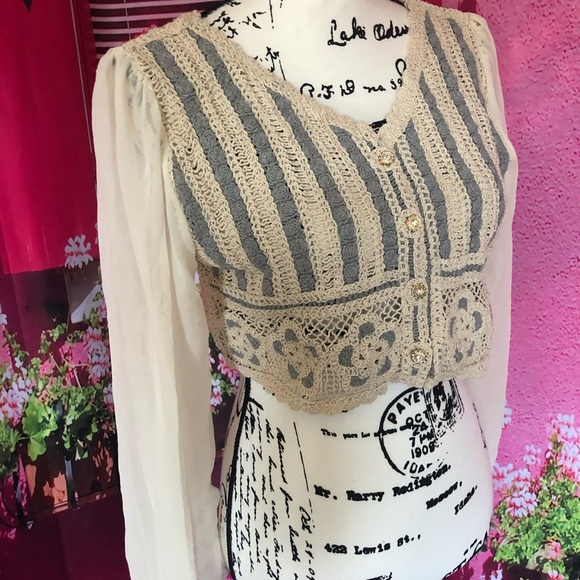 Floral Blouse crochet embroidery cropped French style knit chiffon puff sleeve - Picture 8 of 8